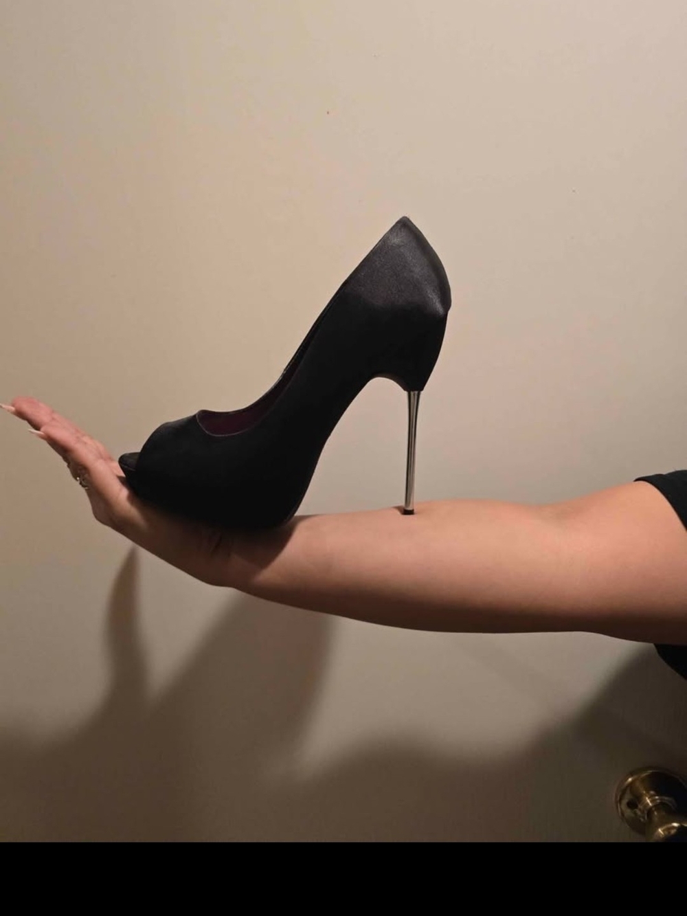 Black Satin Peep-Toe Stiletto with Silver Heel